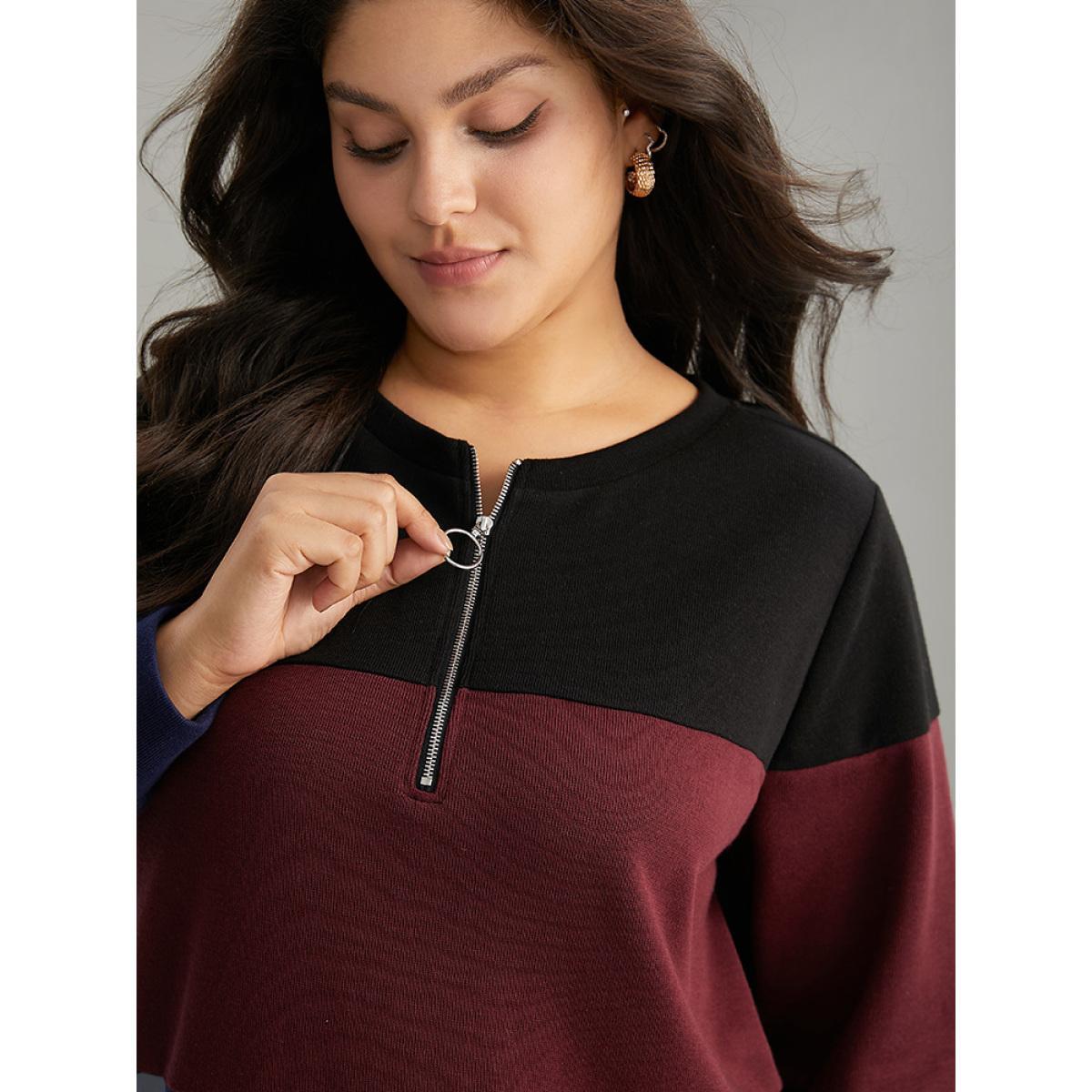 Plus Size Colorblock Contrast O Ring Zipper Sweatshirt Women Black Casual Rib Knit Open Front Dailywear Sweatshirts BloomChic 12/L Product Image