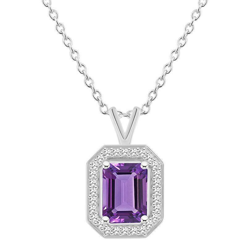 Celebration Gems Sterling Silver Emerald Cut Gemstone & 1/8 Carat T.W. Diamond Halo Pendant Necklace, Women's, Size: 18", Purple Product Image