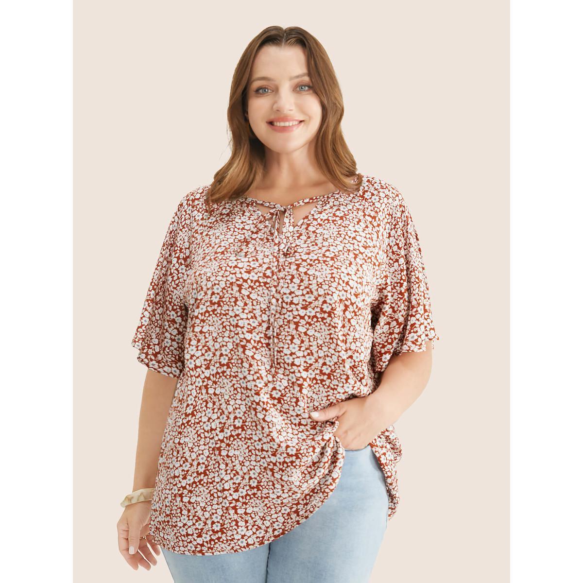 Plus Size Maroon Ditsy Floral Ruffle Sleeve Tie Neck Blouse Women Elegant Short sleeve V-neck Everyday Blouses BloomChic 10/M Product Image
