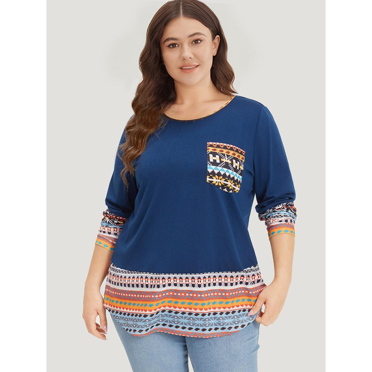 Plus Size Bandana Print Patched Pocket Curved Hem T-shirt Blue Women Elegant Patchwork Bohemian Print Round Neck Dailywear T-shirts BloomChic 18-20/2X Product Image