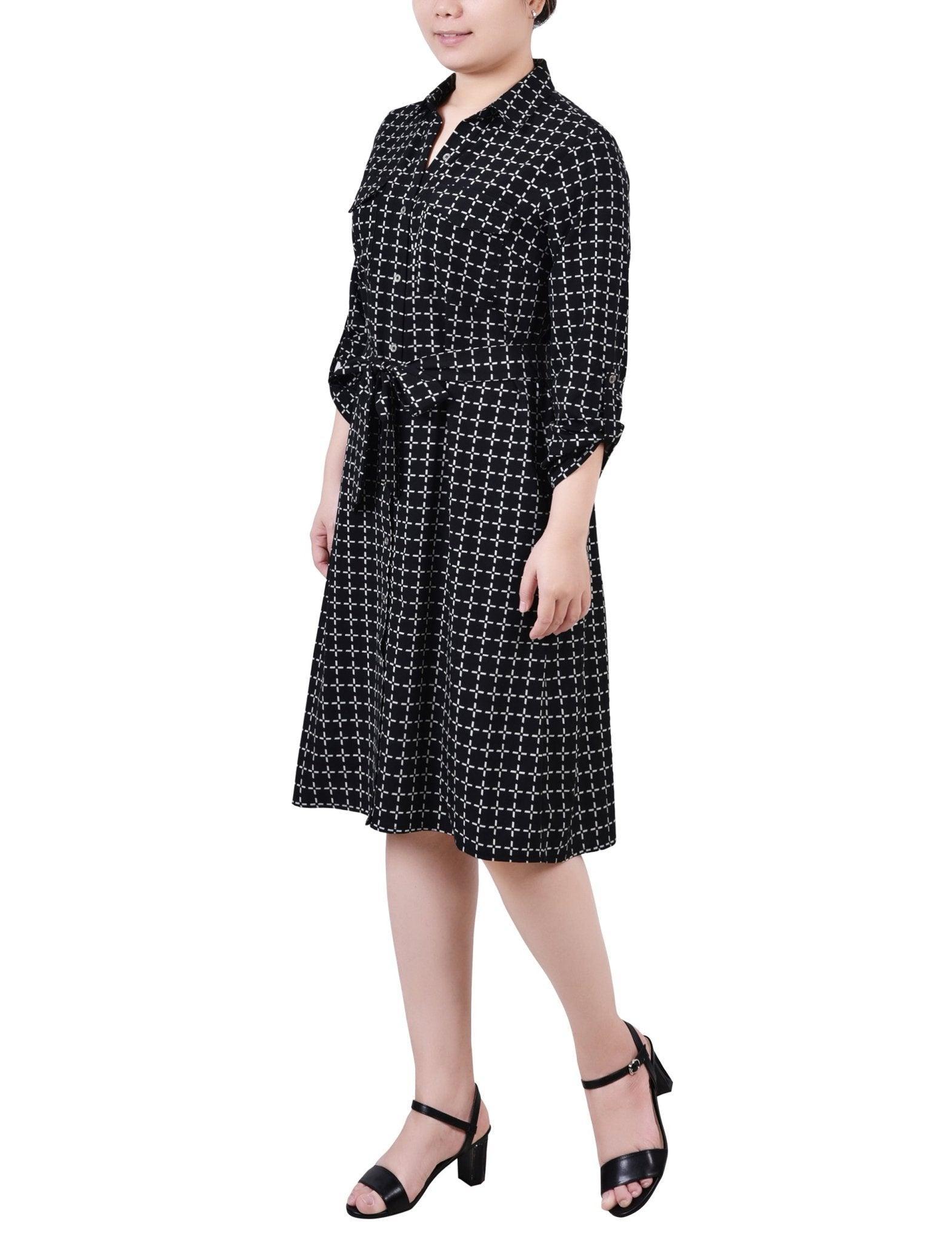 Cypress Inca Gold Navy Zigzag 3/4 Roll Tab Sleeve Belted Shirtdress - Petite Product Image