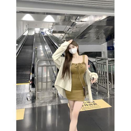 Sleeveless Square Neck Plain Drawstring Mini Sheath Dress / Long Sleeve Collared Plain Shirt Product Image