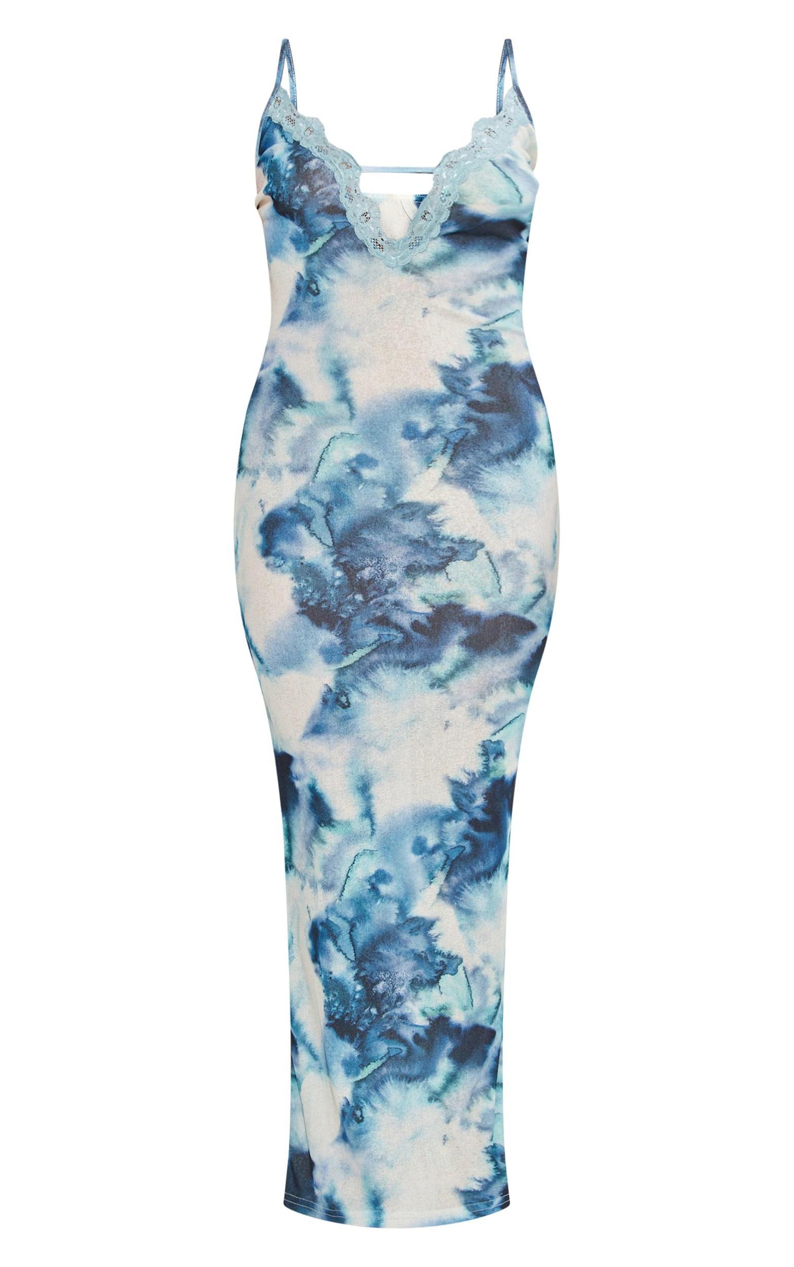  Blue Abstract Onion Skin Lace Trim Midaxi Dress Product Image