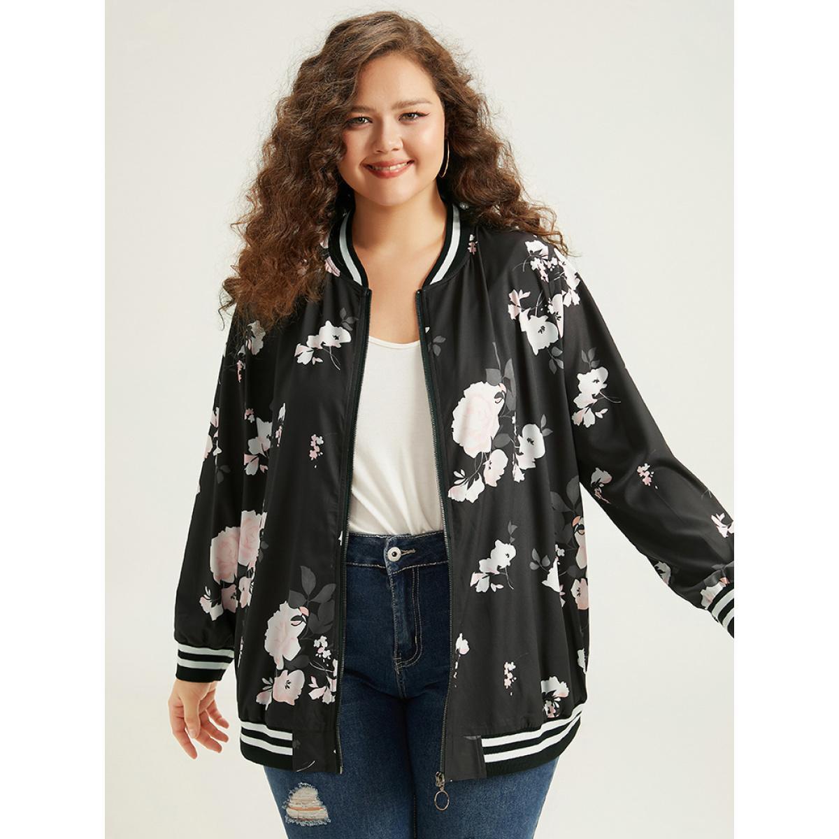 Plus Size Floral Contrast Trim O Ring Zipper Jacket Women Black Elastic cuffs Dailywear Jackets BloomChic 18-20/2X Product Image