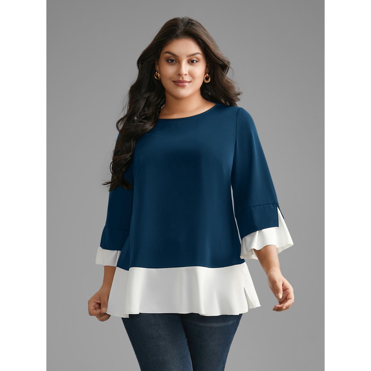 Plus Size Indigo Contrast Patchwork Bell Sleeve Blouse Women Elegant Elbow-length sleeve Round Neck Everyday Blouses BloomChic 14-16/1X Product Image