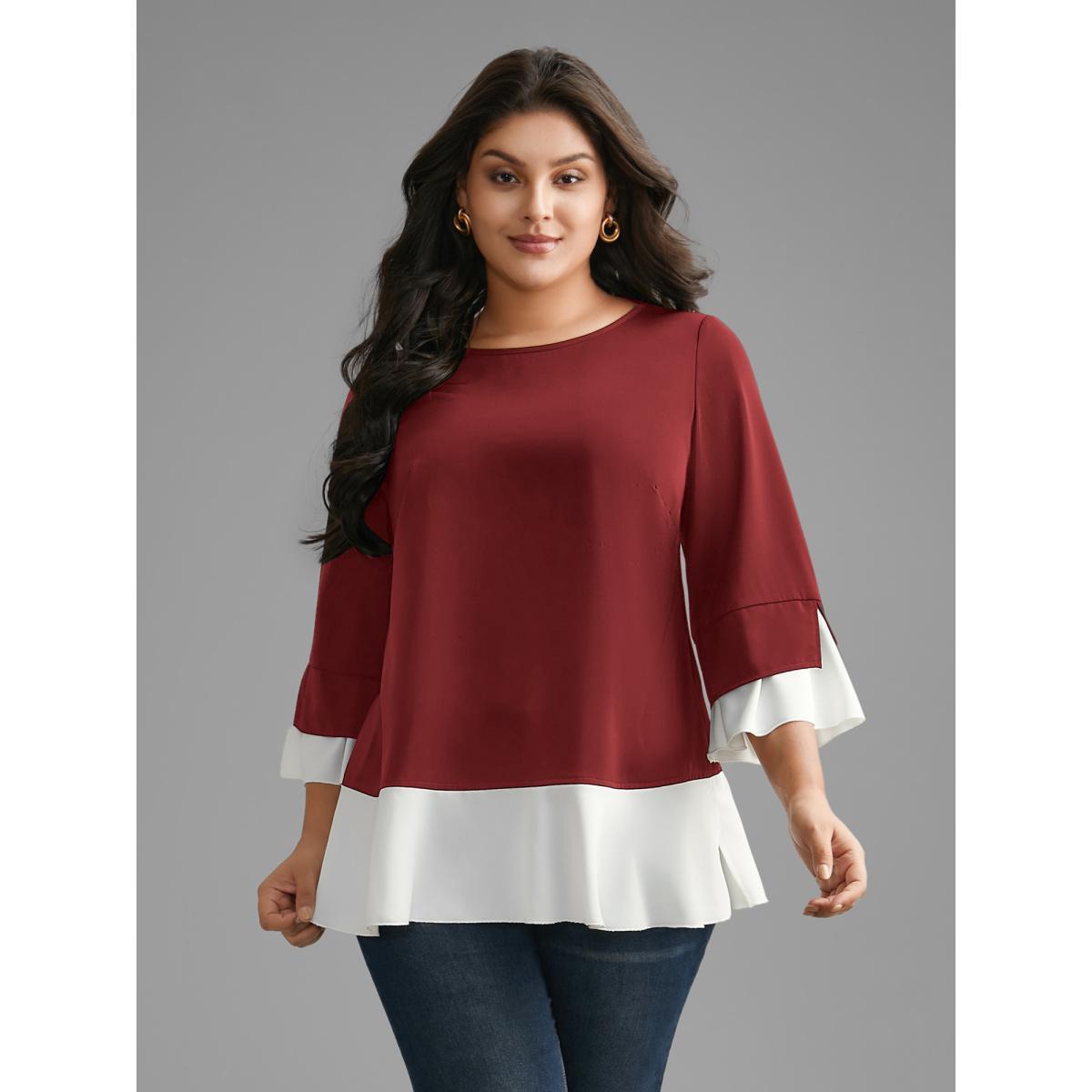 Plus Size Scarlet Contrast Patchwork Bell Sleeve Blouse Women Elegant Elbow-length sleeve Round Neck Everyday Blouses BloomChic 18-20/2X Product Image