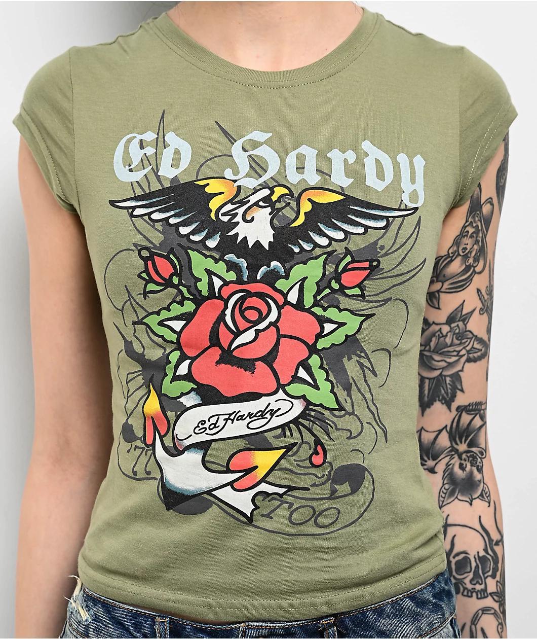 Ed Hardy Anchor Rose Olive T-Shirt Product Image