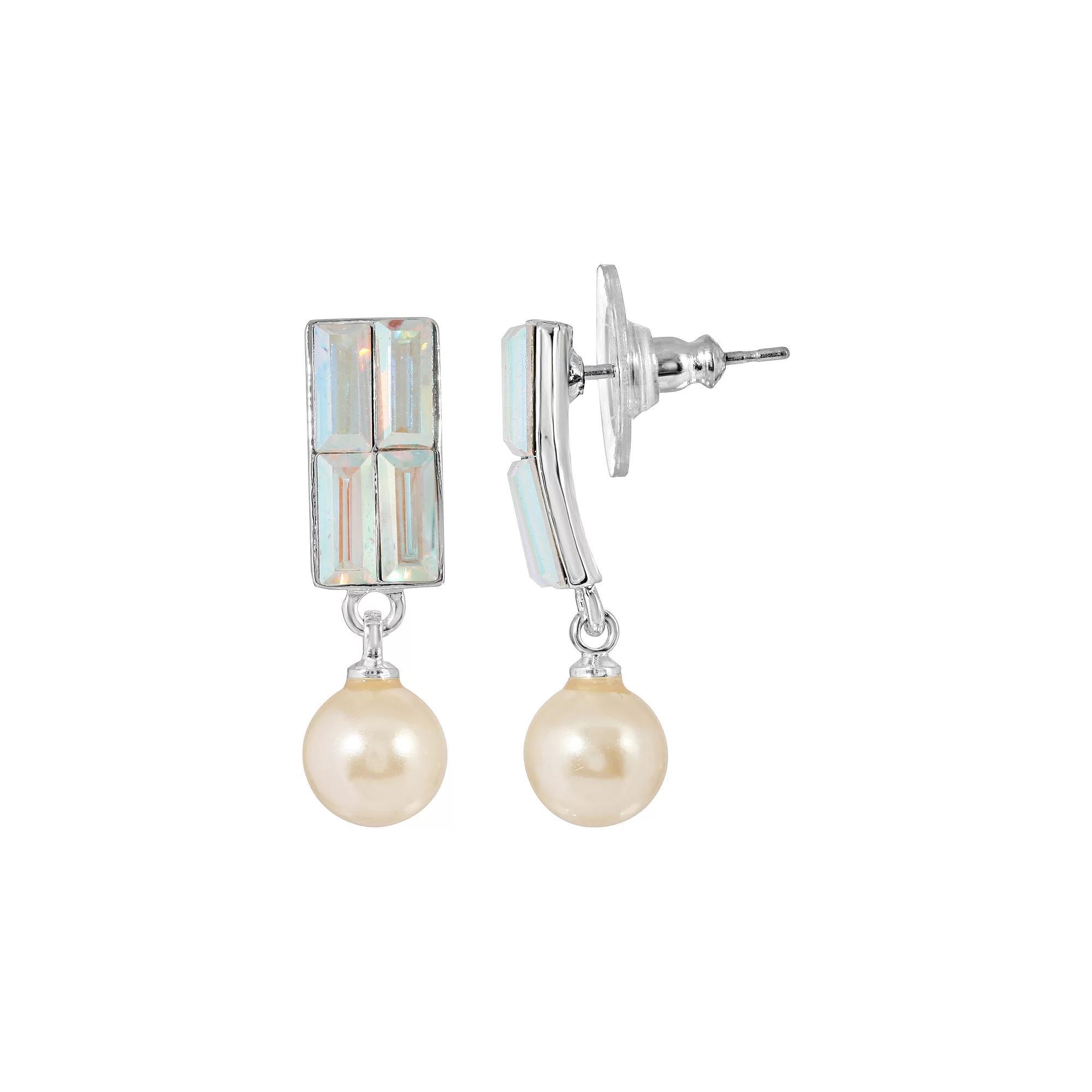 1928 Silver Tone Shimmer Crystal Simulated Pearl Drop Earrings, Womens, White Product Image
