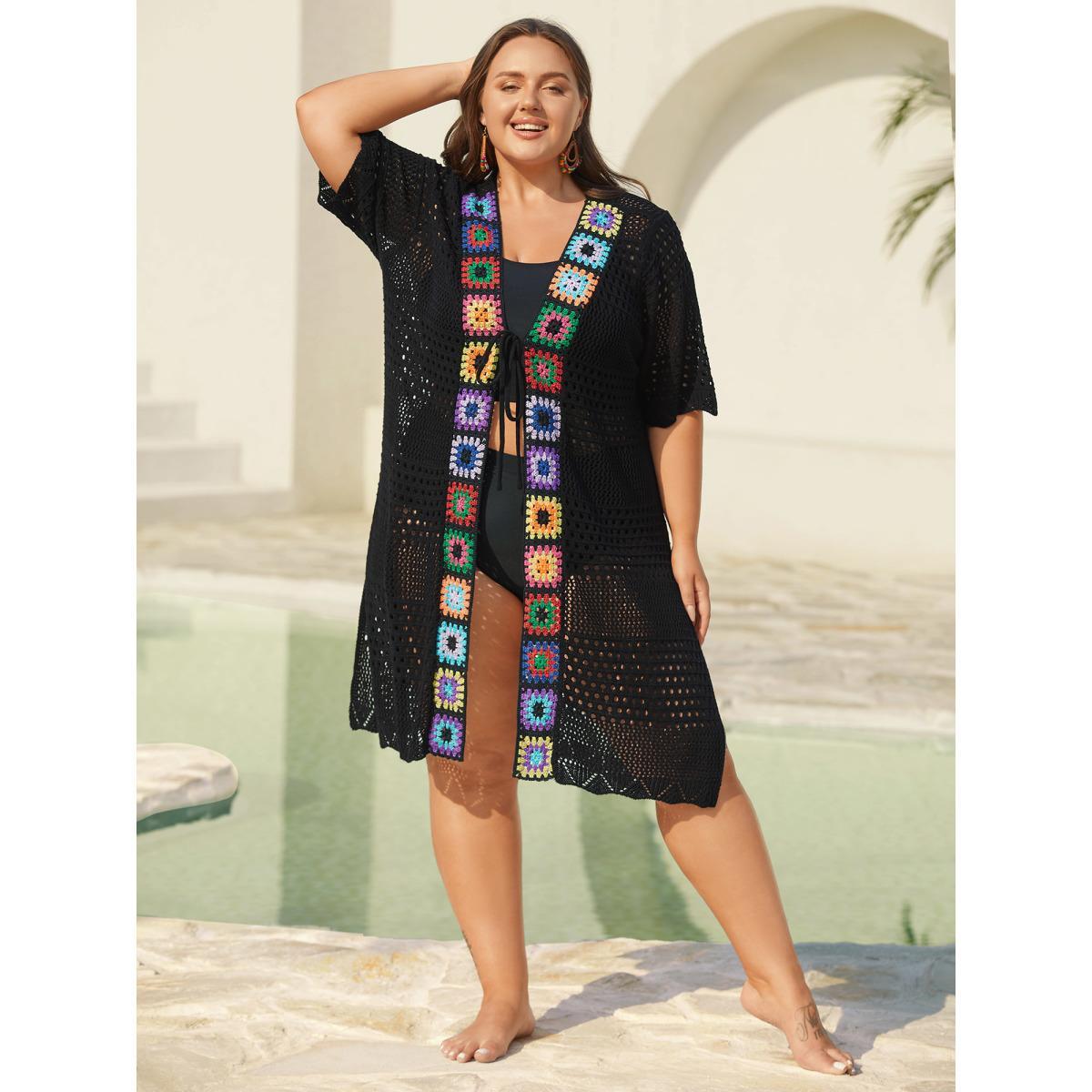 Plus Size Crocheted Cut-Out Tied Swim Cover-Up Women's Swimwear Black Beach Loose Texture Curve Swim Cover Ups BloomChic 12/L Product Image