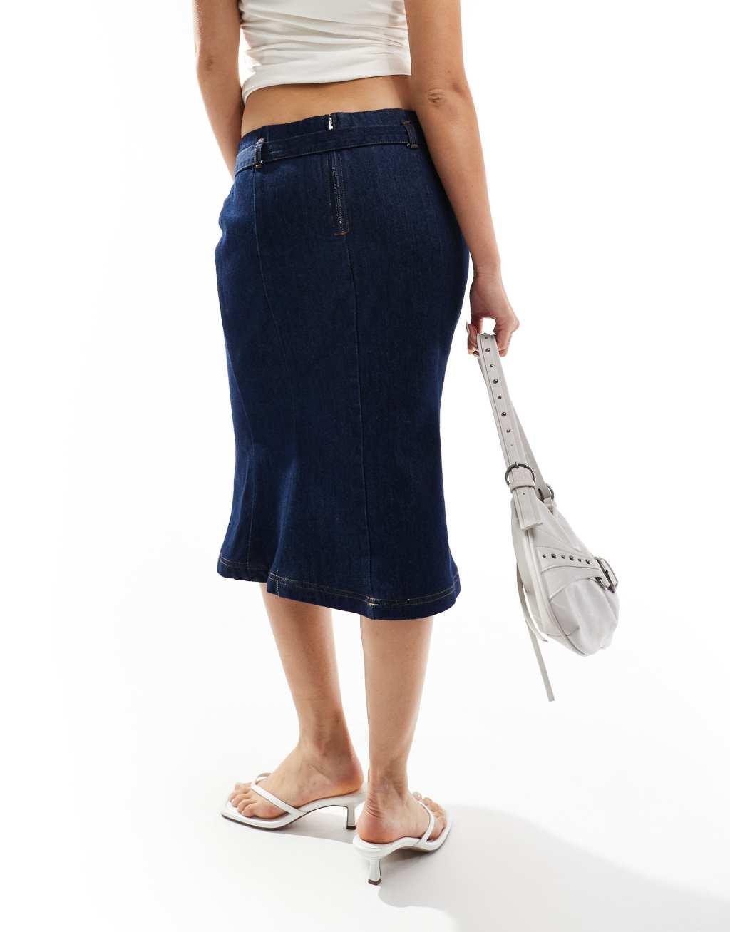 ASOS DESIGN denim fitted skirt with mini belt in indigo Product Image