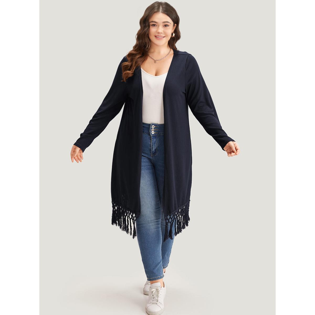Plus Size Plain Patchwork Open Front Tassel Trim Kimono Women DarkBlue Casual Tassels Dailywear Kimonos BloomChic 14-16/1X Product Image