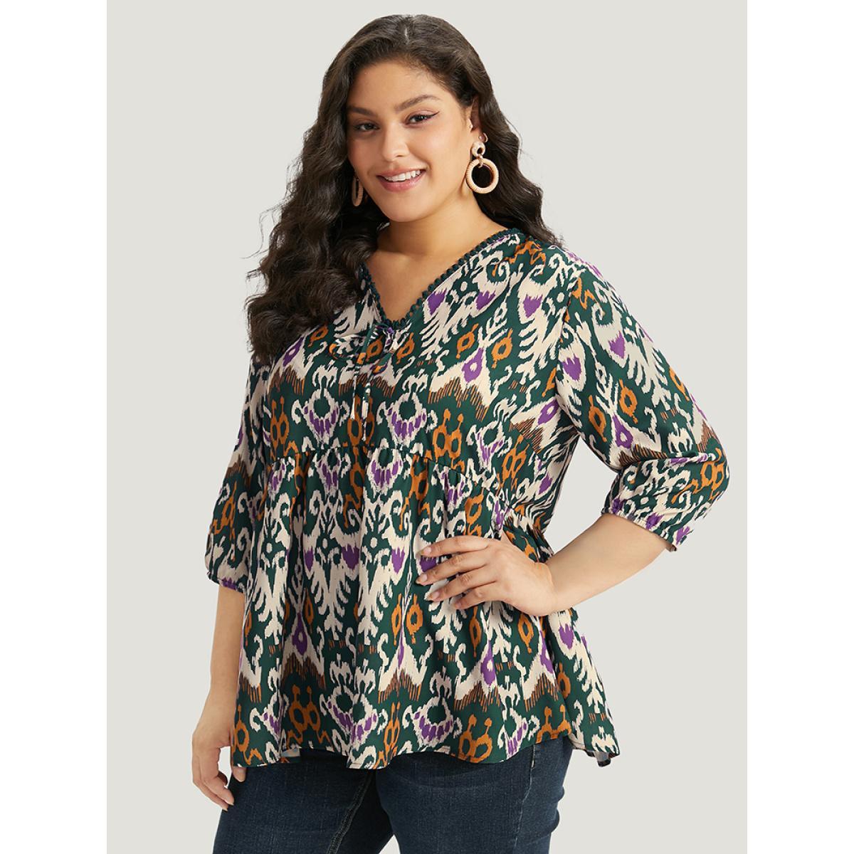 Plus Size Green Bandana Print Ties Pompom Trim Blouse Women Vacation Elbow-length sleeve V-neck Dailywear Blouses BloomChic 18-20/2X Product Image