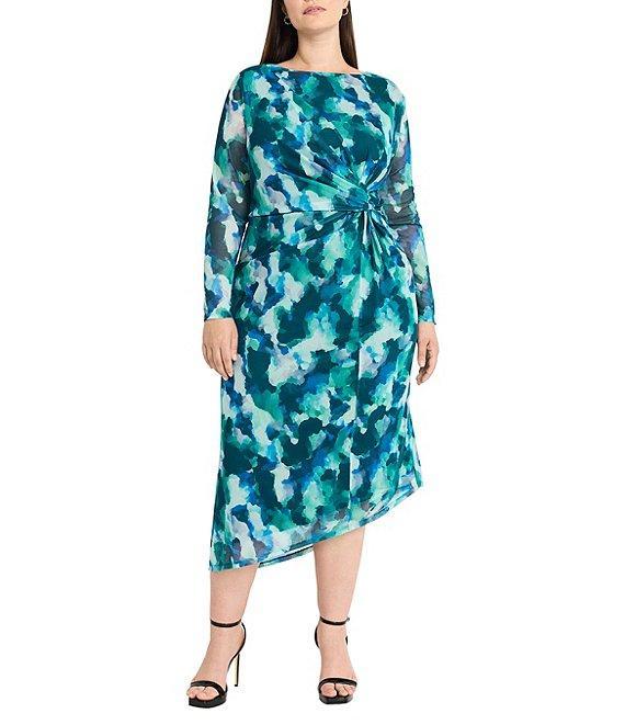 Maggy London Plus Size Boat Neck Long Sleeve Asymmetric Hem Power Mesh Midi Sheath Dress Product Image