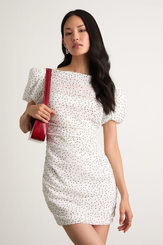 Claritza White Polka Dot Ruched Puff Sleeve Mini Dress Product Image