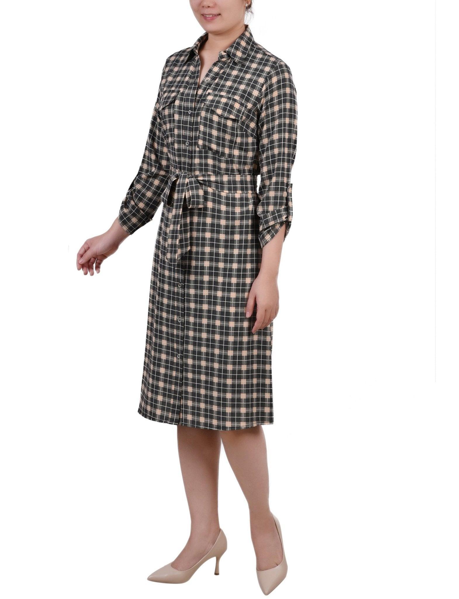 Cypress Inca Gold Navy Zigzag 3/4 Roll Tab Sleeve Belted Shirtdress - Petite Product Image