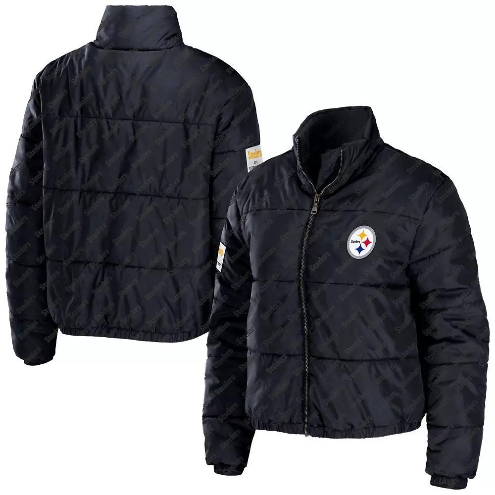 Women's WEAR by Erin Andrews Black Pittsburgh Steelers Puffer Full-Zip Cropped Jacket, Size: Large Product Image