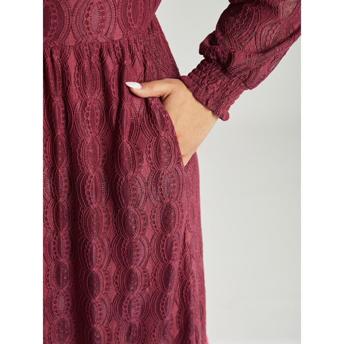 Plus Size Contrast Lace Button Detail Shirred Ruffle Hem Dress Scarlet Women Glamour Texture V-neck Long Sleeve Curvy Midi Dress BloomChic 18-20/2X Product Image