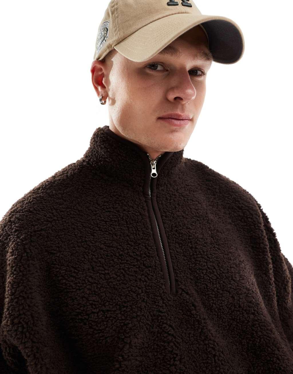 ASOS DESIGN extreme oversized borg sweatshirt with funnel neck in brown Product Image