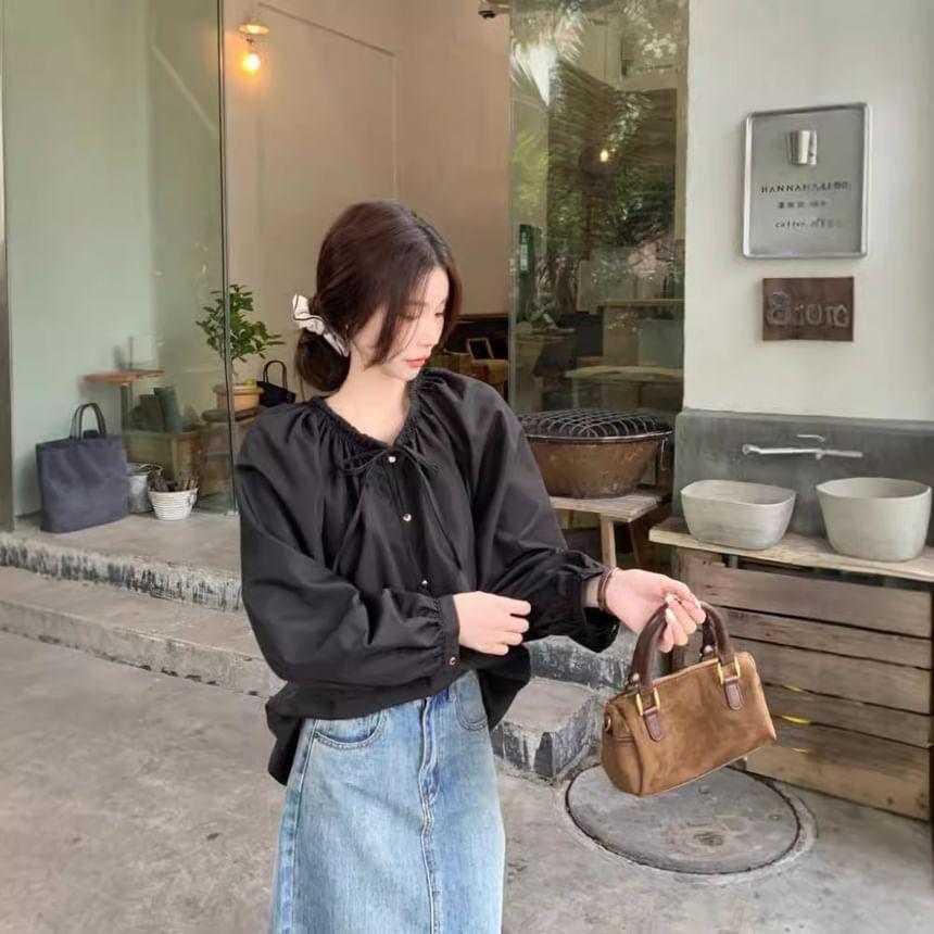 Puff Sleeve Drawstring Plain Loose-Fit Blouse Product Image