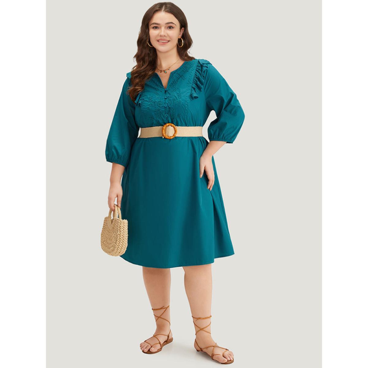 Plus Size Plain Ruffle Trim Lantern Sleeve Dress Cerulean Women Vacation Elastic cuffs Notched collar Elbow-length sleeve Curvy Midi Dress BloomChic 18-20/2X Product Image