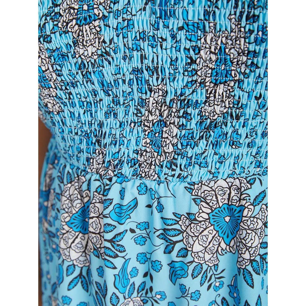 Plus Size Floral Print Shirred Ruffle Cap Sleeve Layered Hem Dress Cerulean Women Elegant Shirred V-neck Cap Sleeve Curvy Knee Dress BloomChic 18-20/2X Product Image