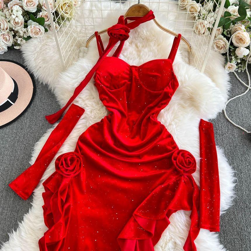 Set: Spaghetti Strap Velvet Ruffle Bodycon Dress + Arm Sleeves Product Image