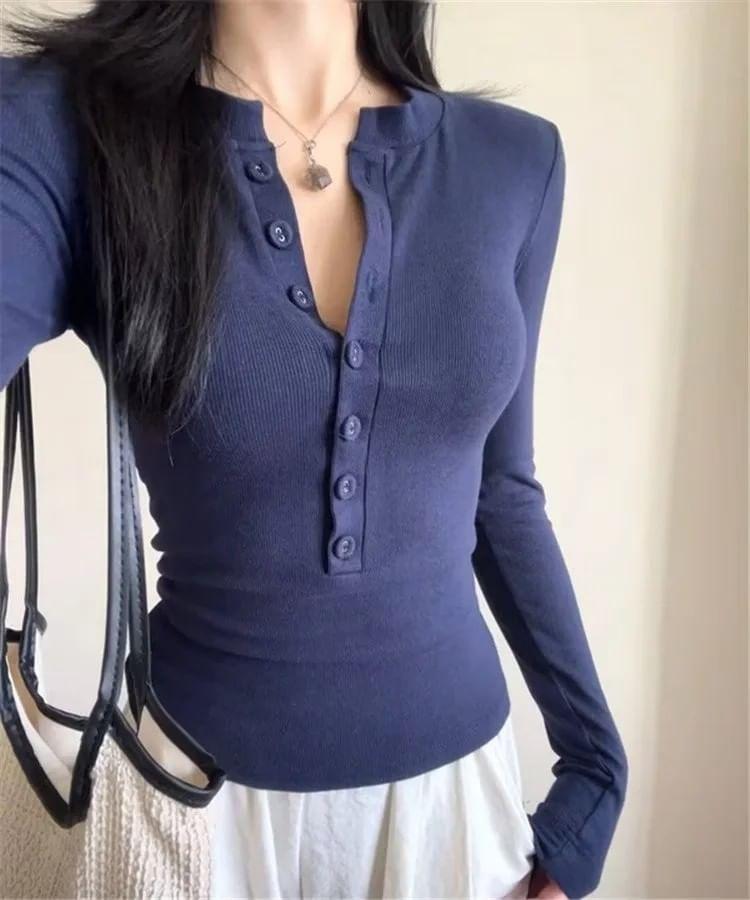 Long Sleeve Henley Plain T-Shirt Product Image