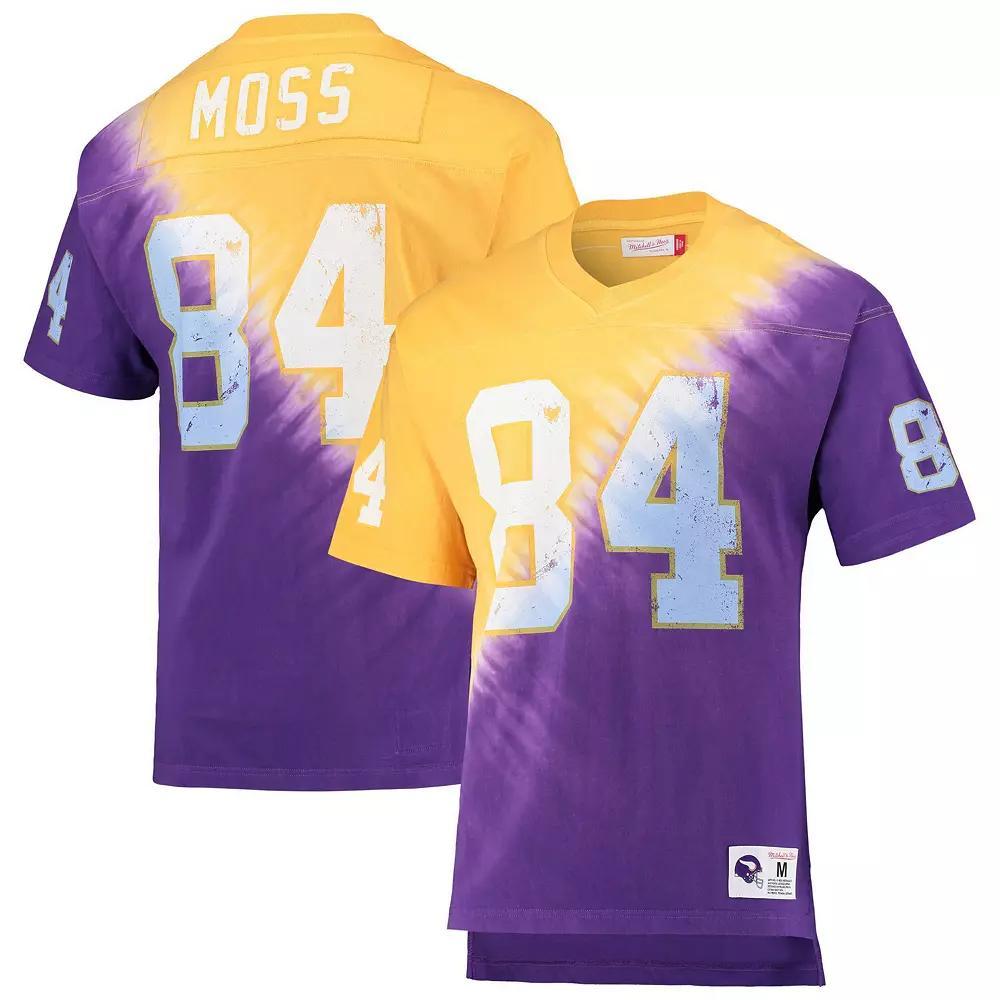 Men's Mitchell & Ness Randy Moss Gold/Purple Minnesota Vikings Retired Player Name & Number Diagonal Tie-Dye V-Neck T-Shirt, Size: 2XL Product Image