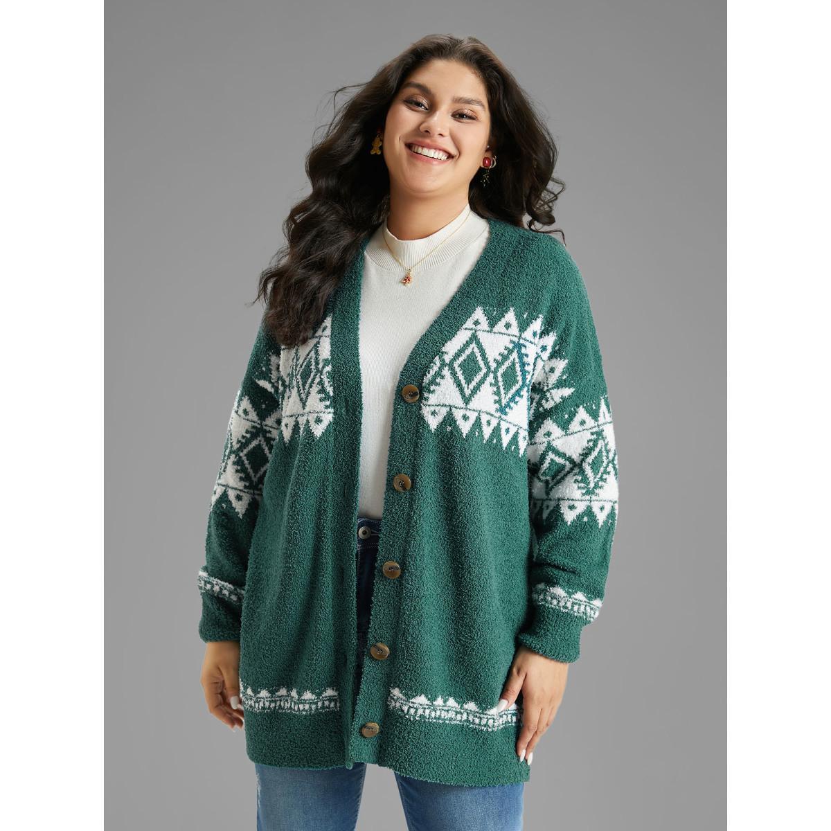 Plus Size Fuzzy Geo Graphic Button Fly Cardigan DarkGreen Women Casual Loose Long Sleeve Festival-Christmas Cardigans BloomChic 12/L Product Image