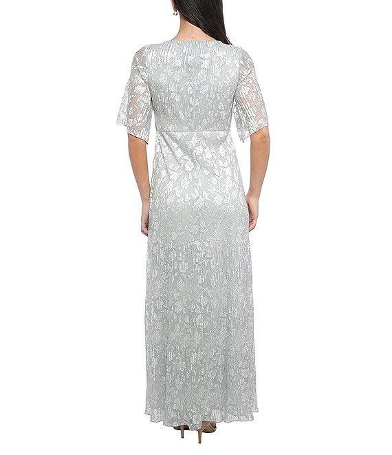 Marina Short Sleeve V-Neck Silver Foil Metallic Dress Product Image