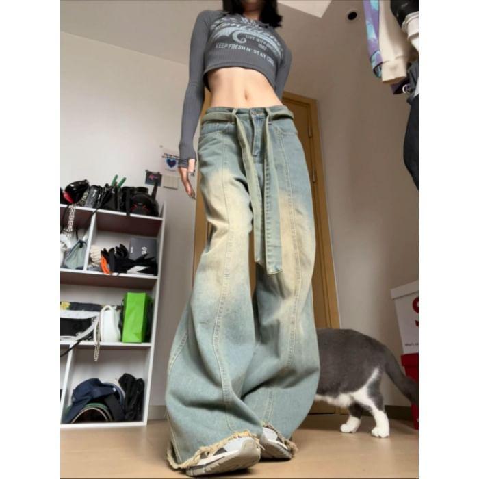 Mid Waist Washed Wide Leg Jeans Product Image