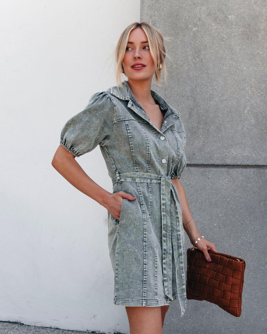 Olive Washed Button Down Mini Dress - FINAL SALE Product Image