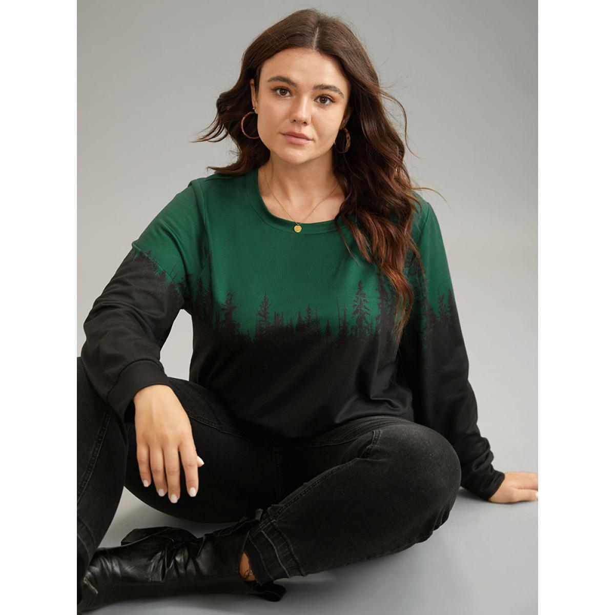 Plus Size Ombre Forest Contrast Crew Neck Sweatshirt Women DarkGreen Casual Printed Round Neck Dailywear Sweatshirts BloomChic 14-16/1X Product Image
