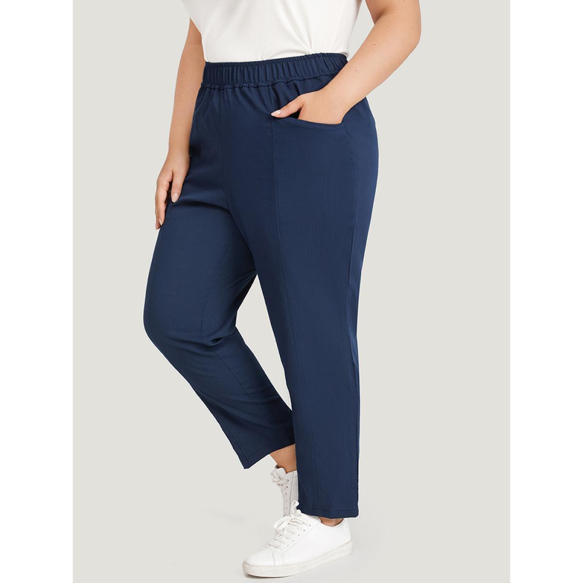 Plus Size Solid Elastic Waist Pocket High Rise Pants Women Indigo Casual High Rise Dailywear Pants BloomChic 28/5X Product Image