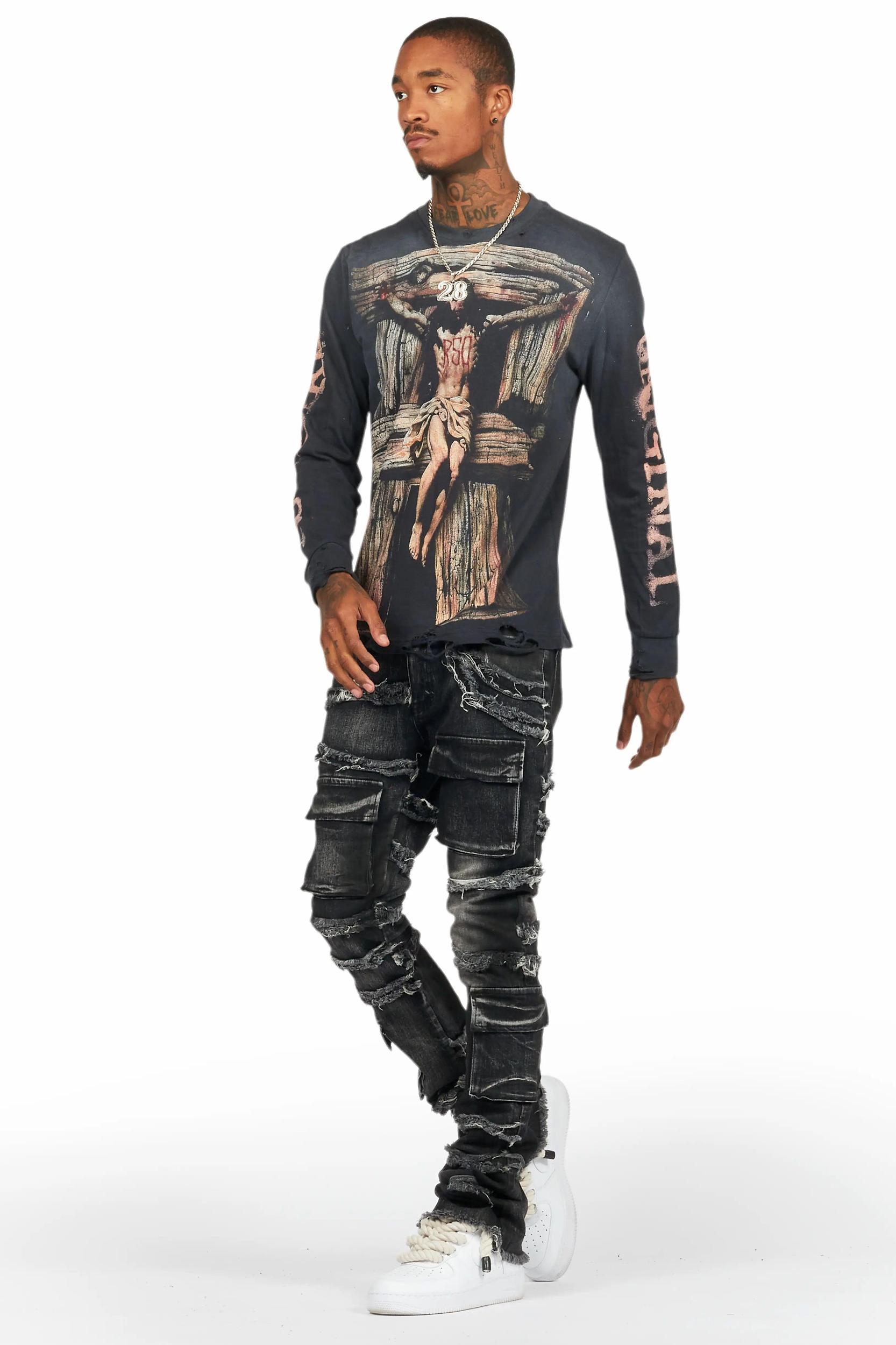 Yves Black Stacked Flare Cargo Jean Male Product Image