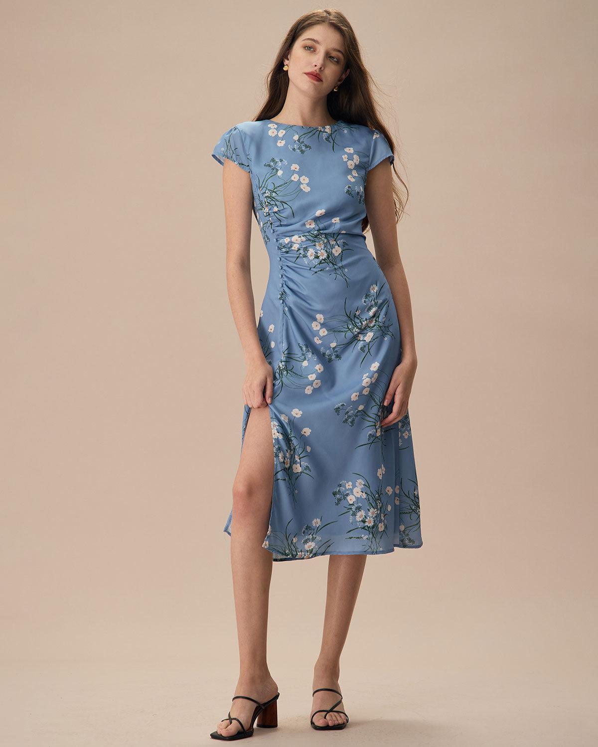 The Blue Round Neck Slit Floral Midi Dress Product Image