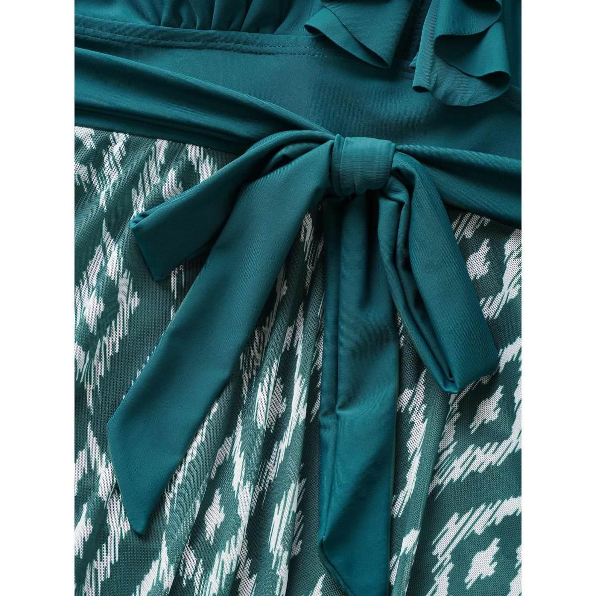 Plus Size Geometric Patchwork See Through Ruffles Swim Dress Women's Swimwear DarkGreen Beach Bodycon V-neck High stretch Curve Swim Dresses BloomChic 14-16/1X Product Image