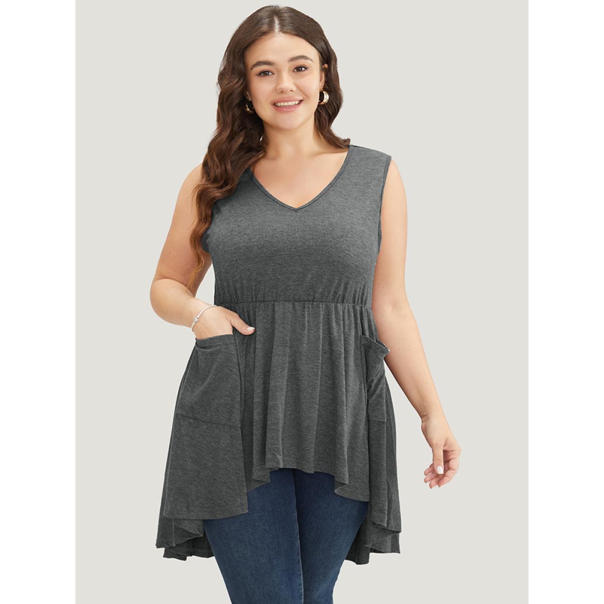 Plus Size Plain Ruffle Pocket High Low Hem Tank Top Women DarkGray Elegant Ruffles V-neck Dailywear Tank Tops Camis BloomChic 12/L Product Image
