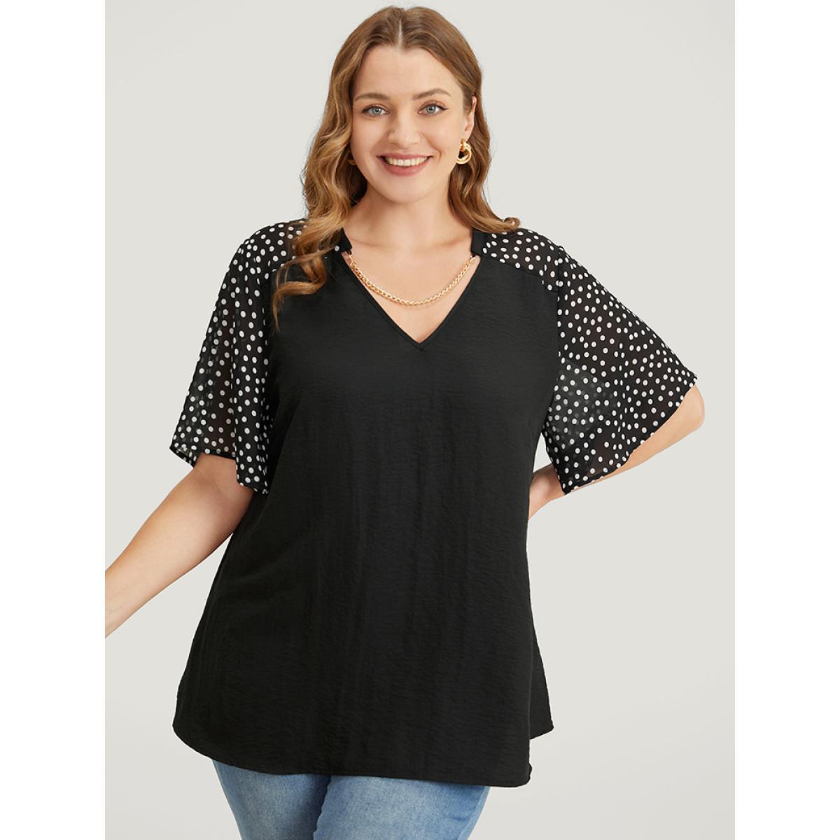 Plus Size Black Polka Dot Patchwork Flutter Sleeve Chain Detail Blouse Women Elegant Short sleeve V-neck Dailywear Blouses BloomChic 12/L Product Image