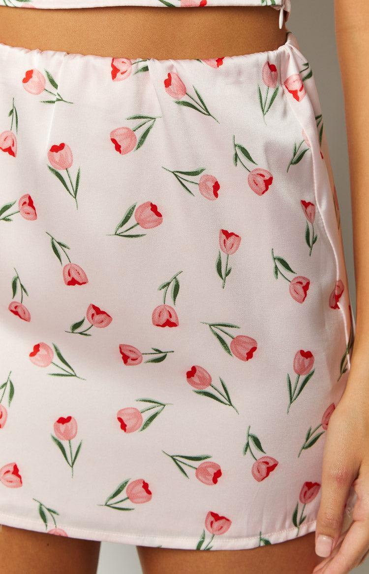 Maeva Pink Satin Tulip Print Mini Skirt Product Image
