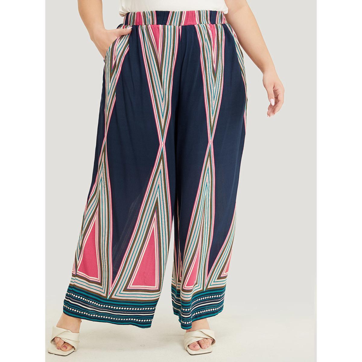 Plus Size Geometric Print Pocket Wide Leg Pants Women Indigo Vacation Loose High Rise Dailywear Pants BloomChic 12/L Product Image