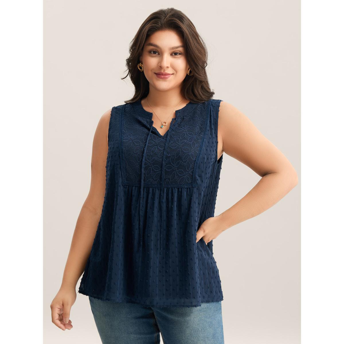 Plus Size Textured Lace Detail Neck Tie Sleeveless Top Women DarkBlue Woven ribbon&lace trim Flat collar with V-notch Everyday-Elegant Tank Tops Camis BloomChic 26/4X Product Image