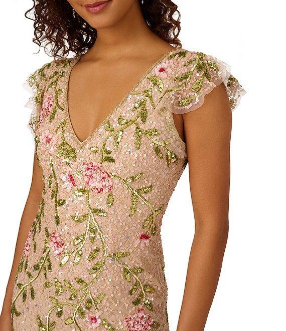 Adrianna Papell Floral Beaded Mesh V-Neck Flutter Sleeve Dress Product Image