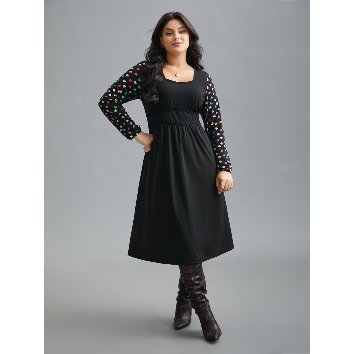 Plus Size Polka Dot Sleeve Waist-Cinched Lace Dress Black Women Elegant Woven ribbon&lace trim Heart neckline Long Sleeve Curvy BloomChic 12/L Product Image
