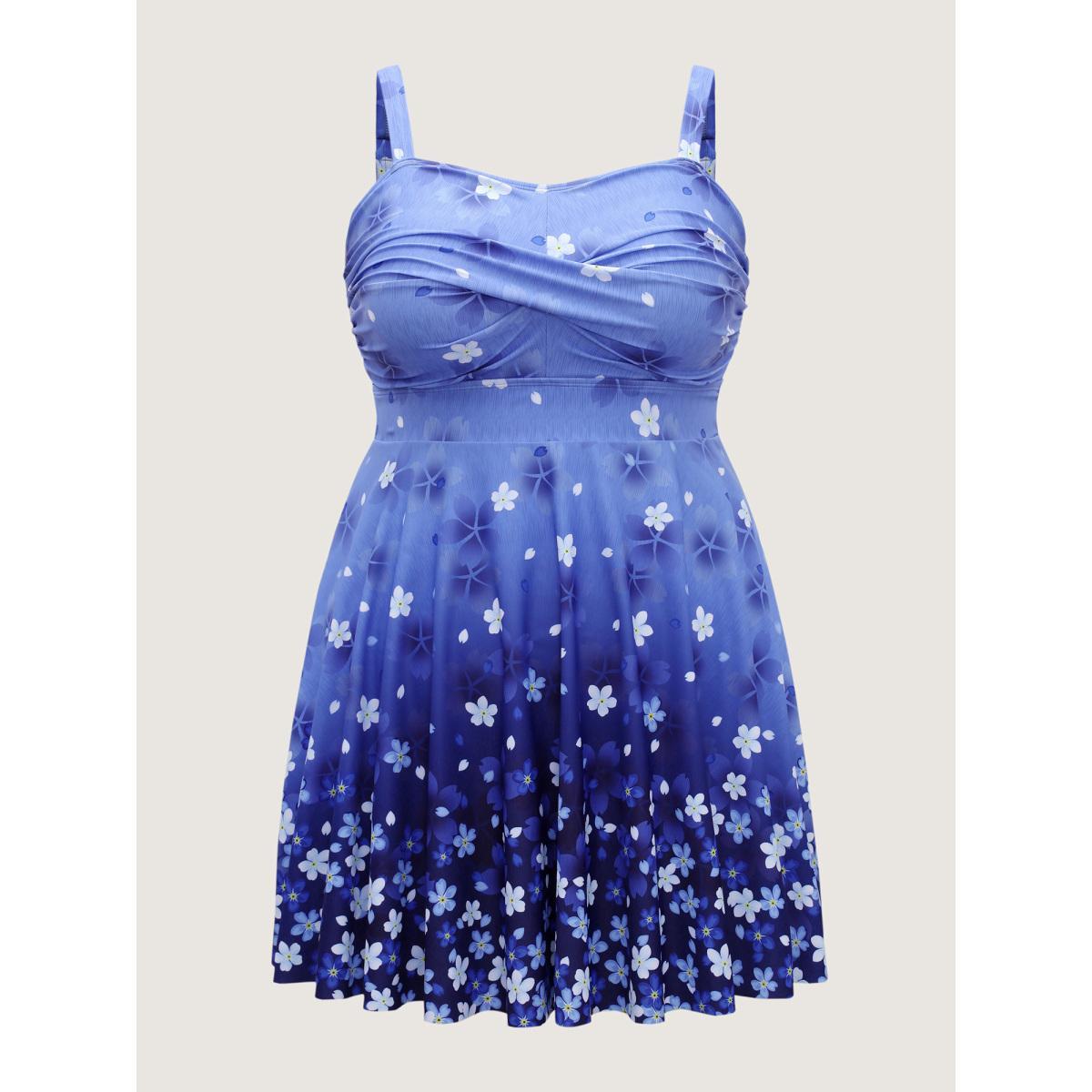 Plus Size Floral Print Twist Front Ombre Swim Dress Women's Swimwear Mediumblue Beach Bodycon Heart neckline High stretch Curve Swim Dresses BloomChic 22-24/3X Product Image