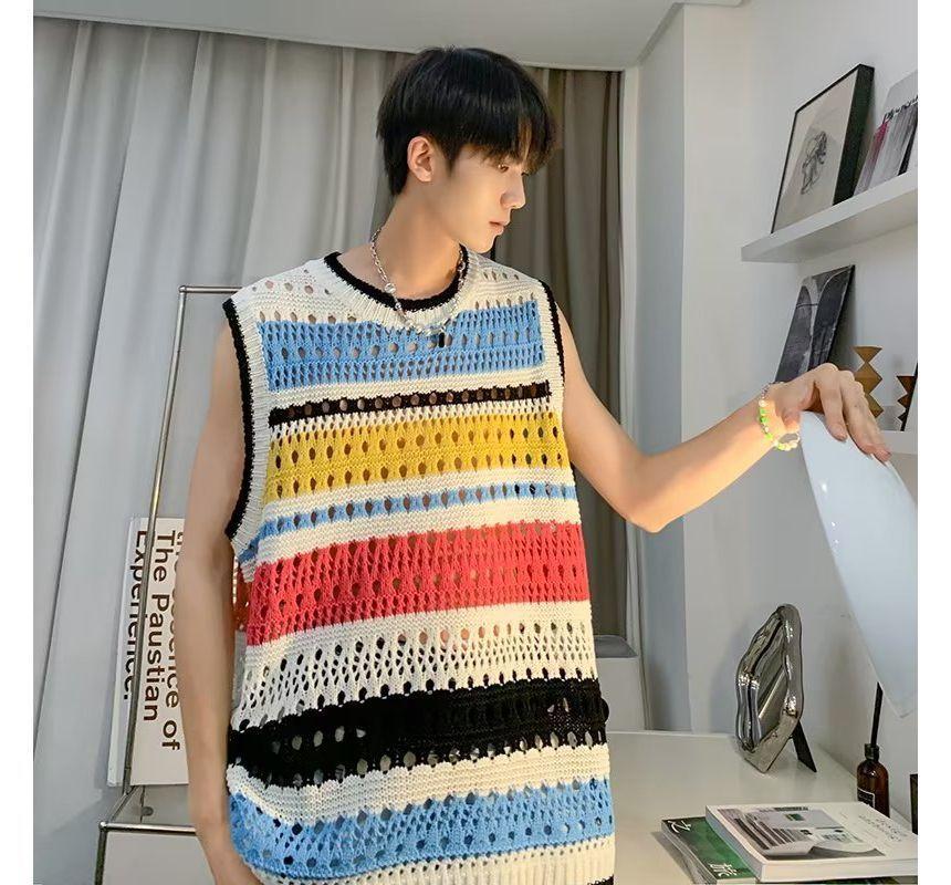 Crew Neck Striped Crochet Knit Tank Top Product Image