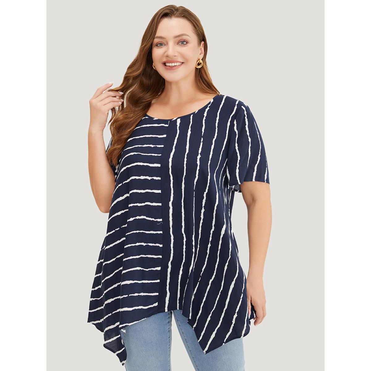 Plus Size Indigo Striped Patchwork Hanky Hem Blouse Women Office Short sleeve Round Neck Dailywear Blouses BloomChic 12/L Product Image