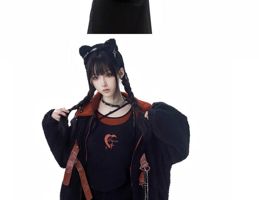 Long Sleeve Crew Neck Heart Print Mock Two Piece Bow Top Product Image