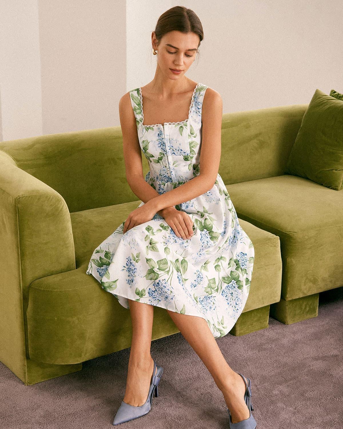 The White Square Neck Floral A-Line Midi Dress Product Image