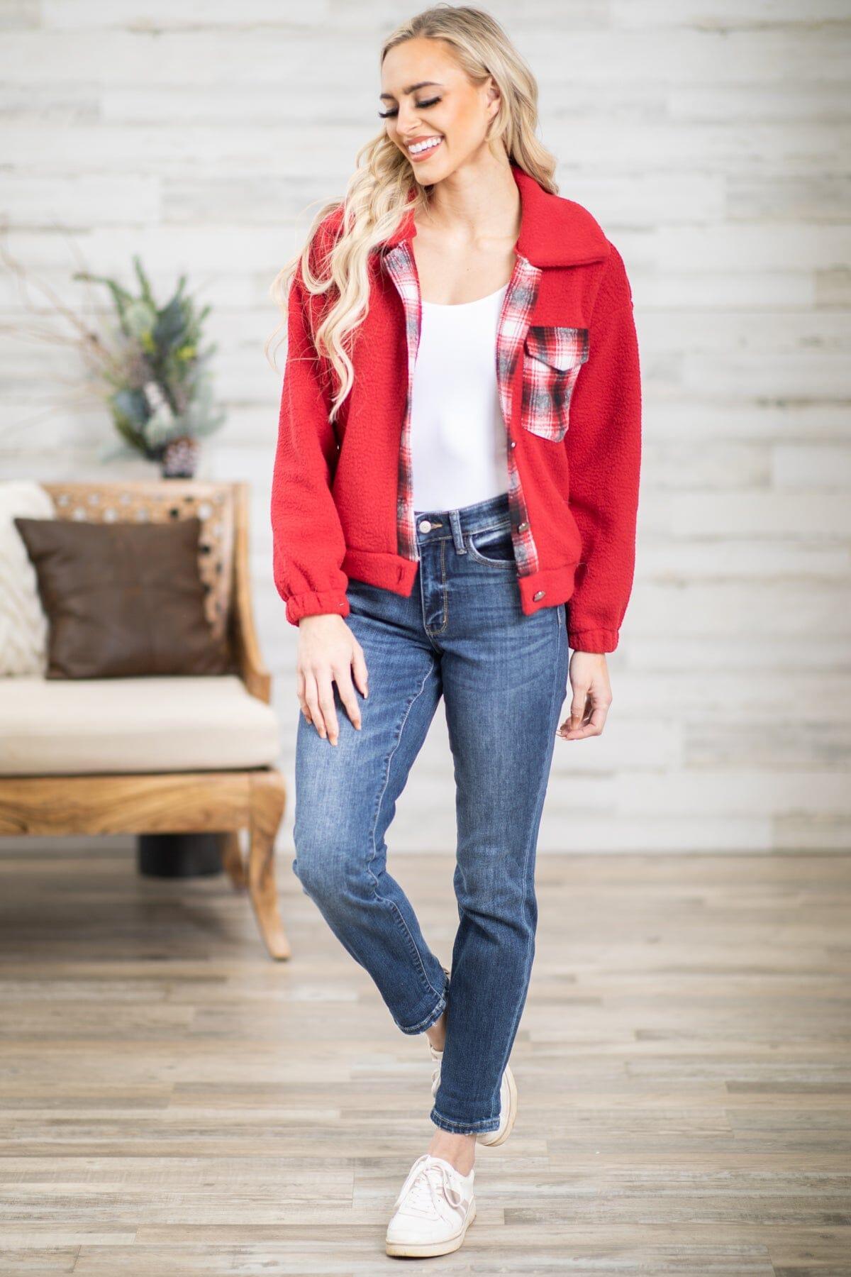 Wine Sherpa Jacket With Plaid Trim Product Image